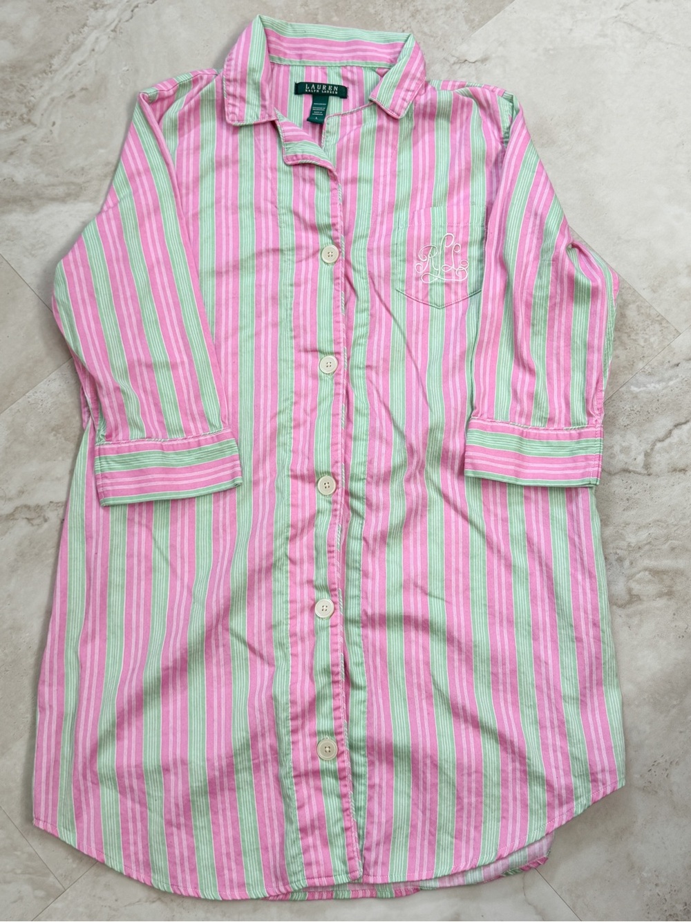 Lauren Ralph Lauren Pink Green Stripe Sleep Shirt Cover Up Large Resort Vacation - Picture 2 of 7